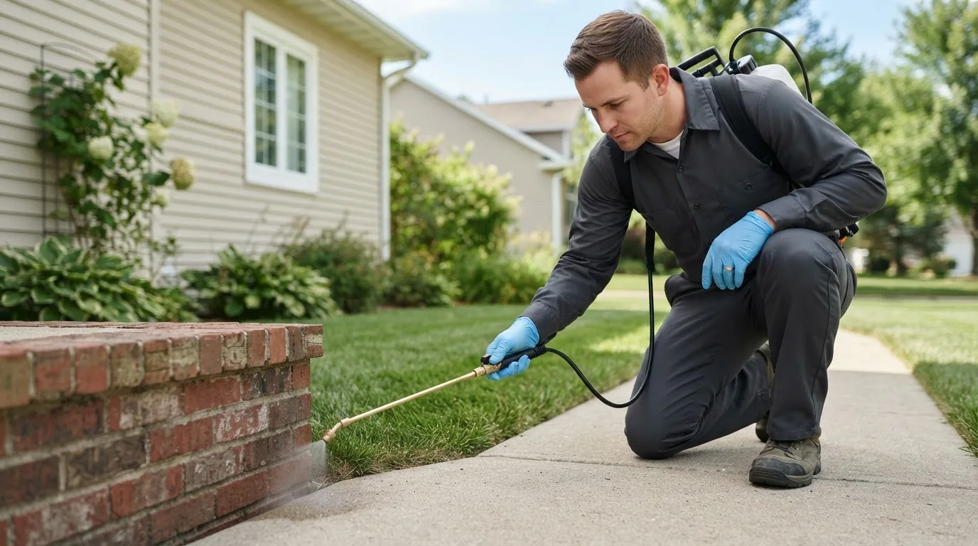 Pest control technician treating a home near Cookville, TX